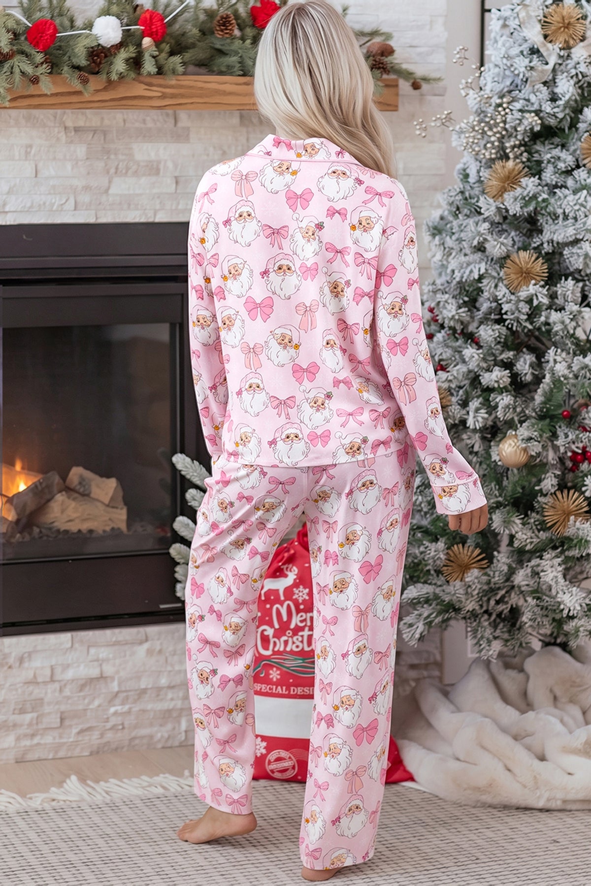 Pink Abstract Santa Print Long Sleeve Full-Length 2Pcs Lounge Set 🇺🇸