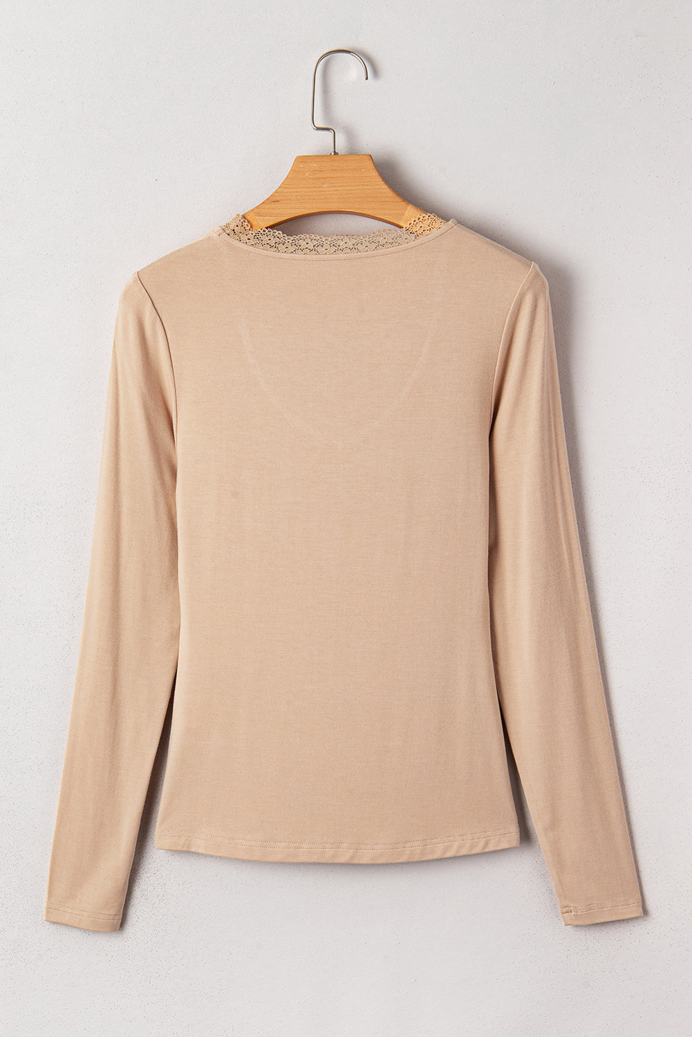 Smoke Gray Lace-trimmed Sweetheart Neckline Ruched Detail Long Sleeve T-shirt 🇺🇸