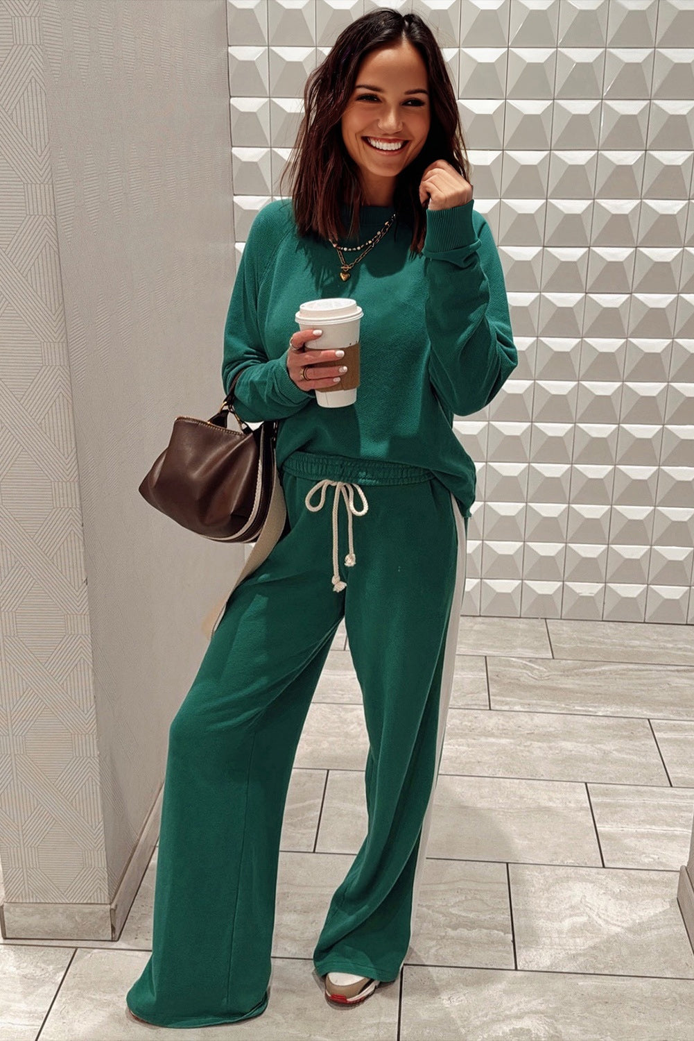 Sea Green Solid Color Pullover Top Varsity Stripe Detail Loose Drawstring Pants Set 🇺🇸