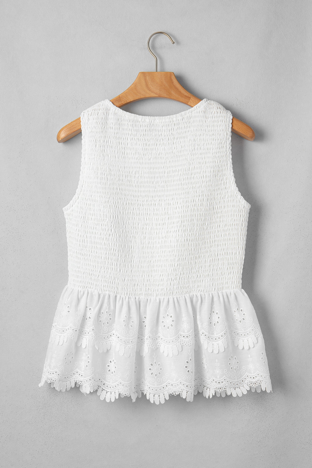 White Sleeveless Smocked Lace Peplum Top 🇺🇸