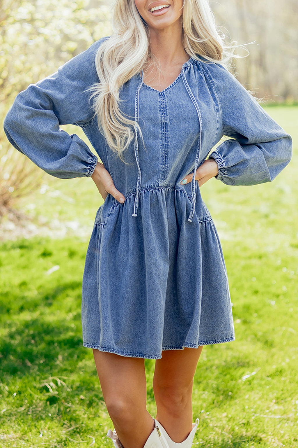 Myosotis Puff Sleeve V Neck Ruffled Loose Denim Mini Dress 🇺🇸