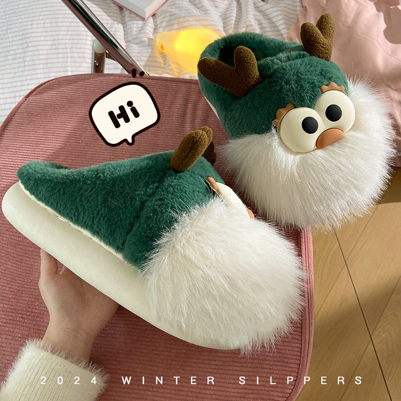 Cute Cartoon Christmas Deer Cotton Shoes Winter Indoor Floor Home Slippers Half-covered Heel Warm Plush Shoes Women 🇨🇳