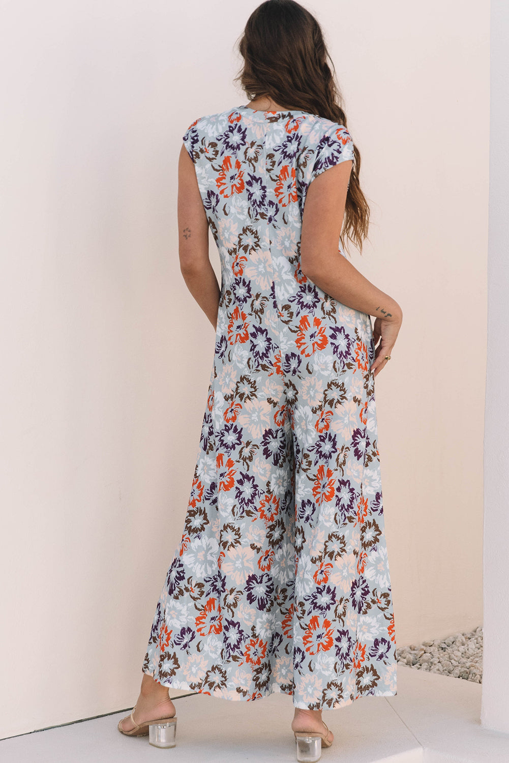Sky Blue Floral Sleeveless Buttoned Pocketed Wide Leg Jumpsuit 🇺🇸