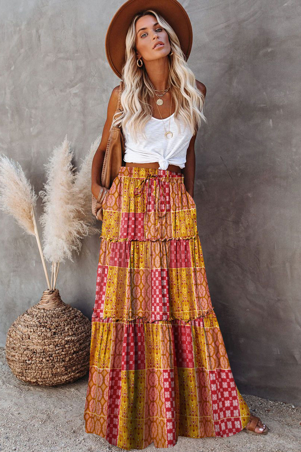 Orange Tiered Paisley Print Pocketed Maxi Skirt 🇺🇸