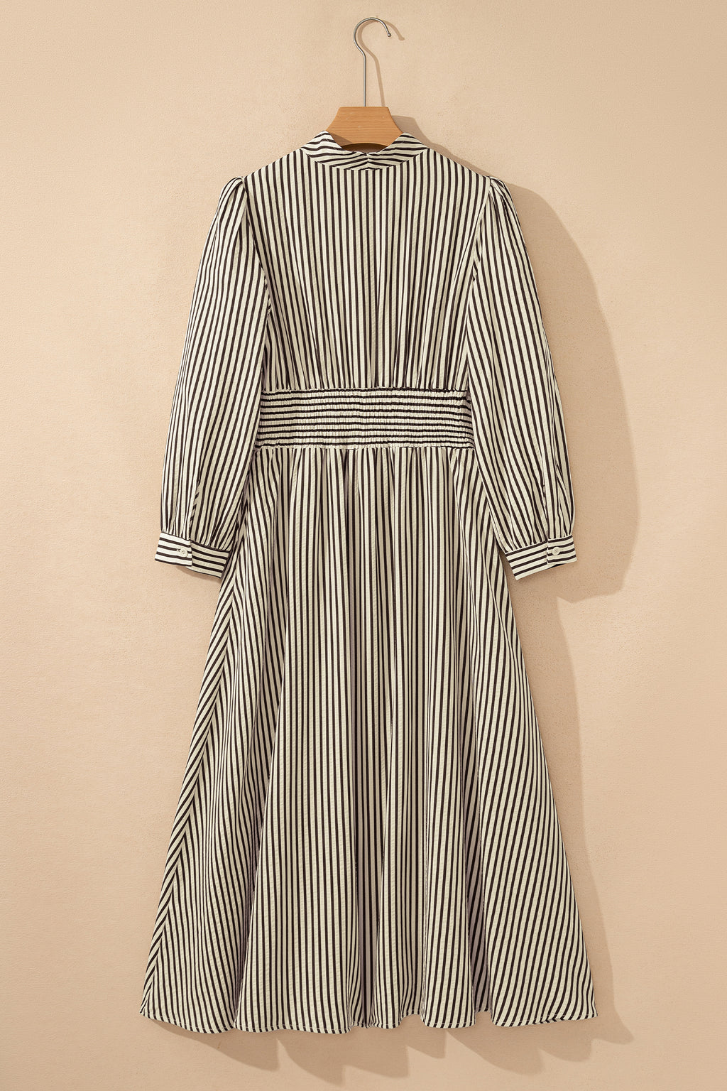 Black Stripe V Neck Zip Front Cinched High Waist Midi Dress 🇺🇸