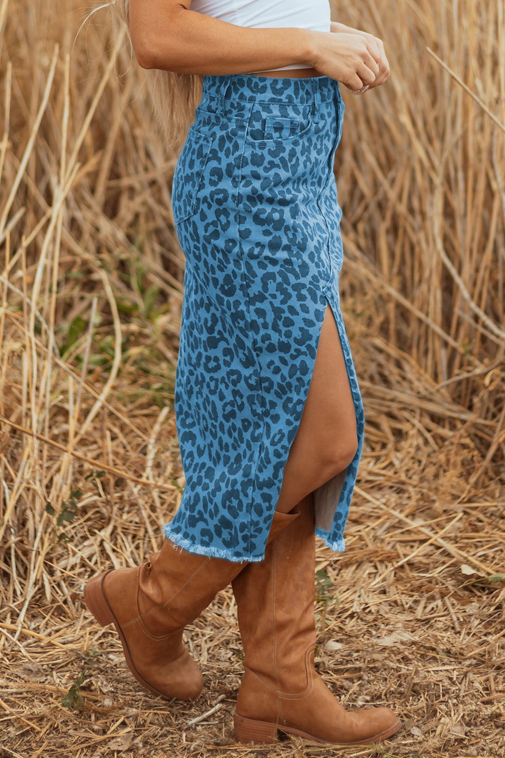 Brown Leopard Print Side Split Frayed Hem Denim Midi Skirt 🇺🇸
