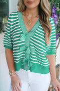 Green Stripe Short Sleeve Knit V Neck Bow Knot Sweater 🇺🇸