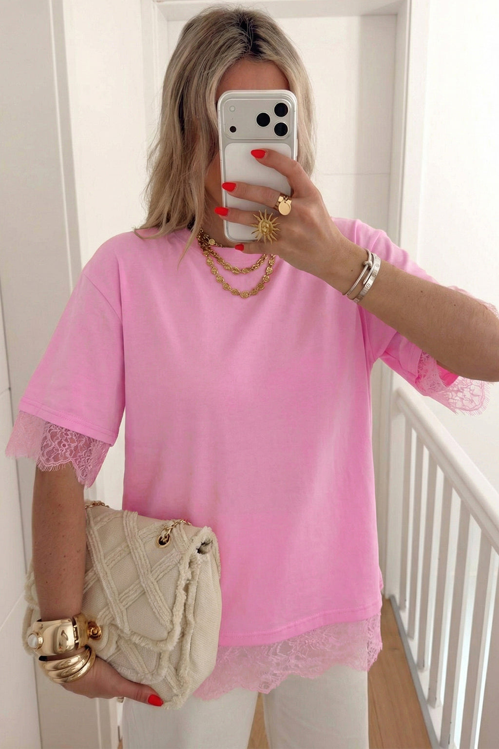 Pink Eyelash Floral Lace Patchwork Half Sleeve Oversize Tee 🇺🇸