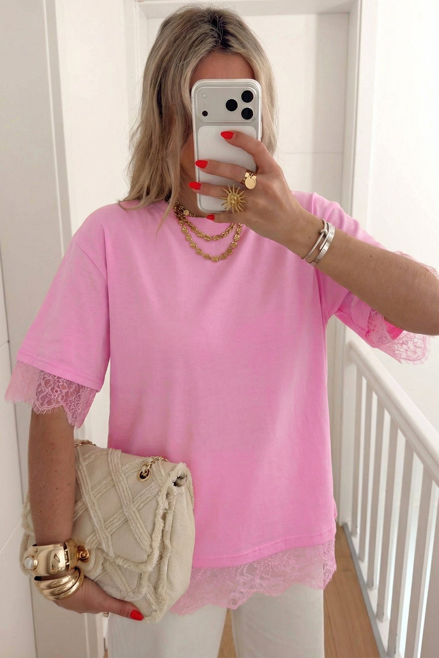 Pink Eyelash Floral Lace Patchwork Half Sleeve Oversize Tee 🇺🇸