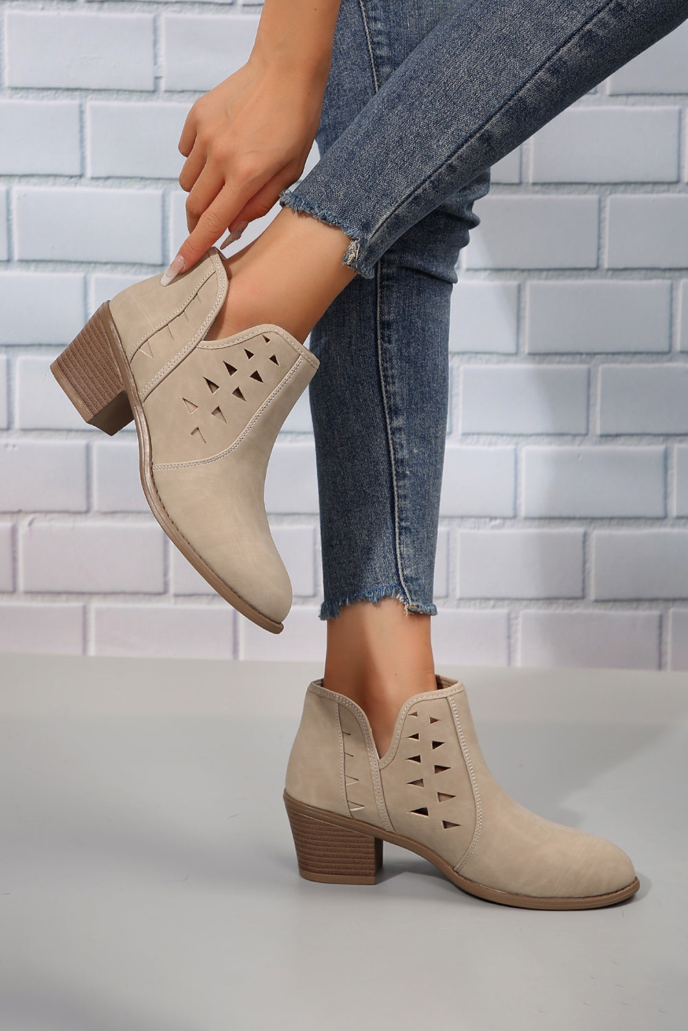 Parchment Cut Out Suede Pointed Toe Heeled Ankle Boots 🇺🇸