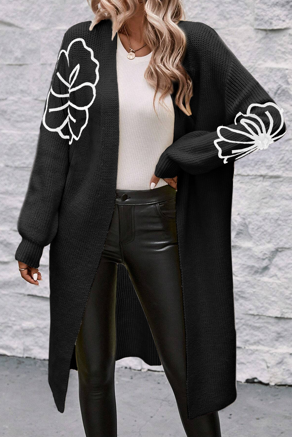 Black Flower Embroidered Drop Shoulder Open Front Duster Cardigan 🇨🇳
