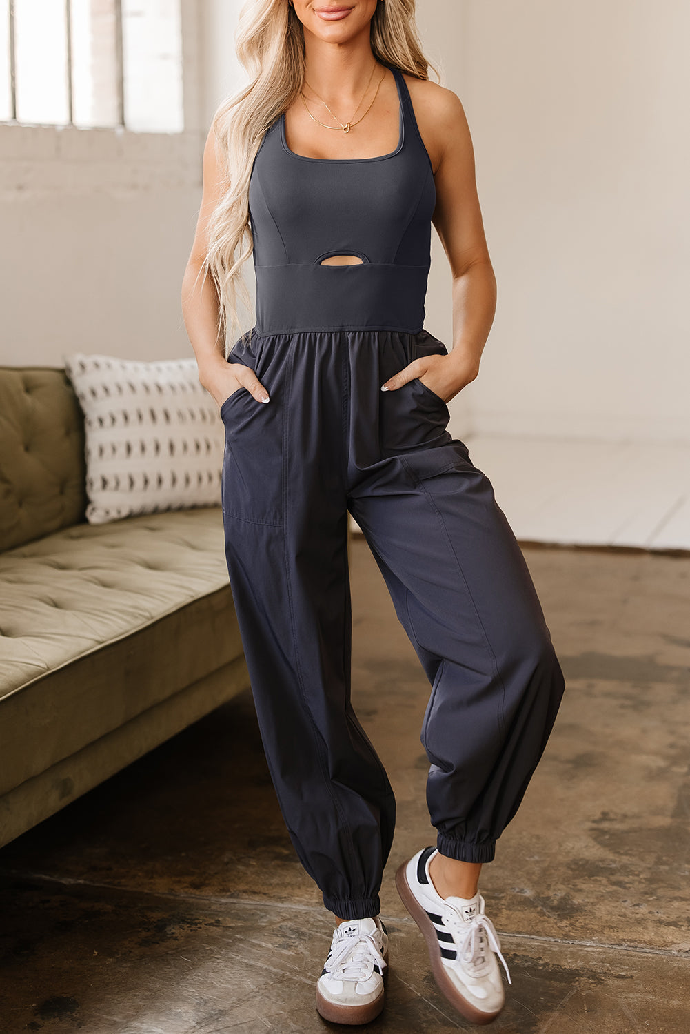 Carbon Grey Back Crossed Straps Hollow Out Jogger Jumpsuit 🇺🇸