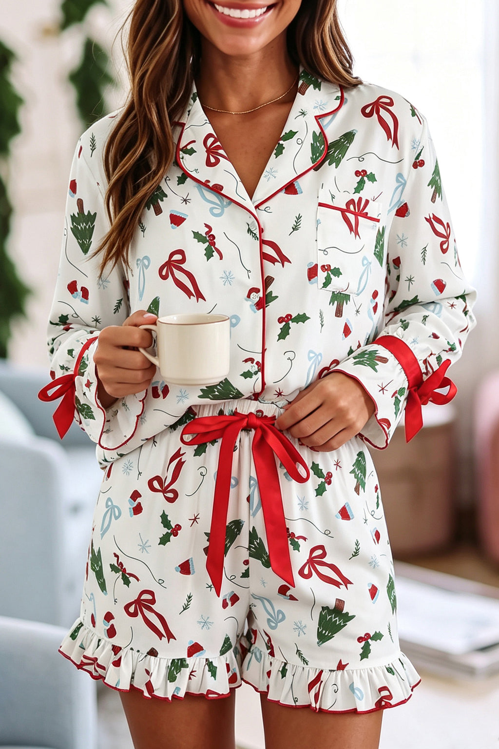White Christmas Print Ruffle Cuff Long Sleeve Lounge Set 🇺🇸