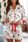 White Christmas Print Ruffle Cuff Long Sleeve Lounge Set 🇺🇸