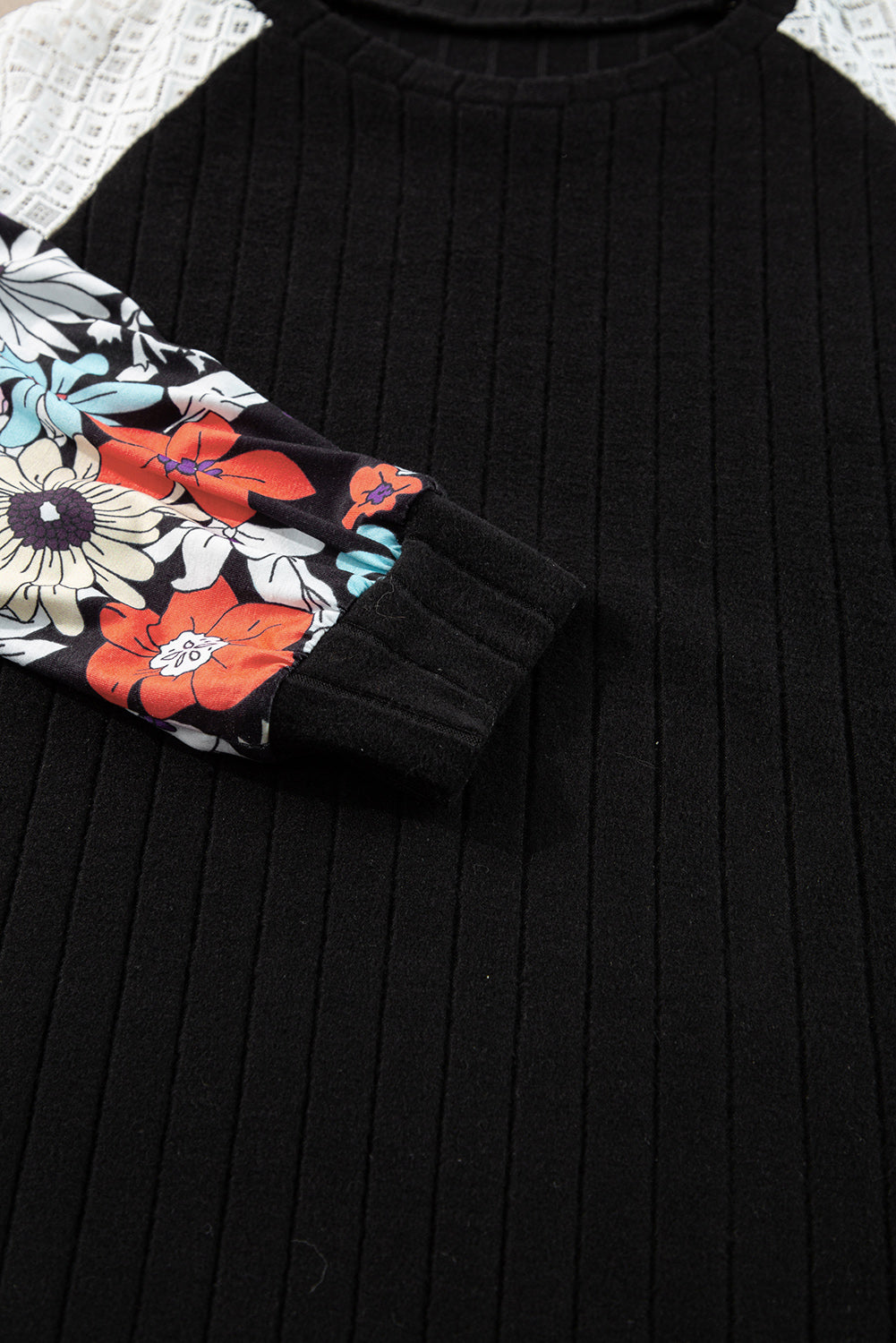Black Floral Patchwork Long Sleeve Ribbed Blouse 🇺🇸