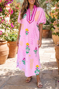 Pink Floral Print Short Sleeve Colorblock Trim V Neck Midi Dress 🇺🇸