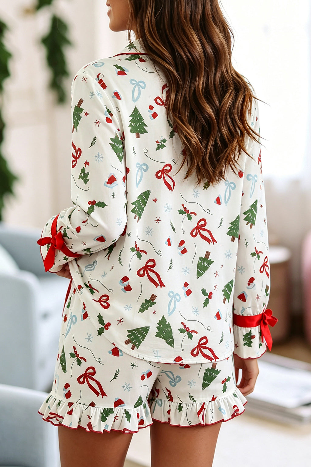 White Christmas Print Ruffle Cuff Long Sleeve Lounge Set 🇺🇸