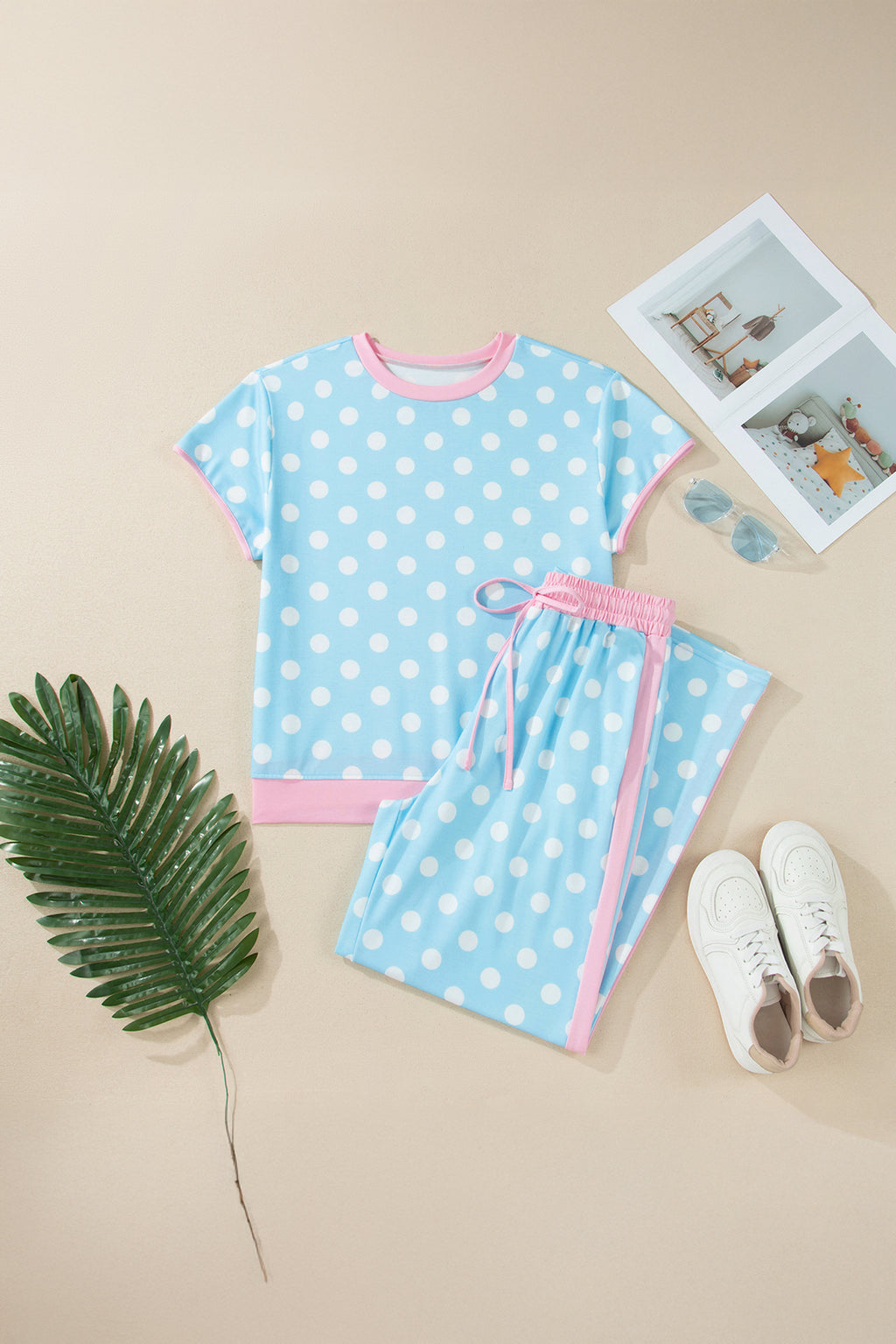 Sky Blue Polka Dot Short Sleeve Top and Pants Set 🇺🇸