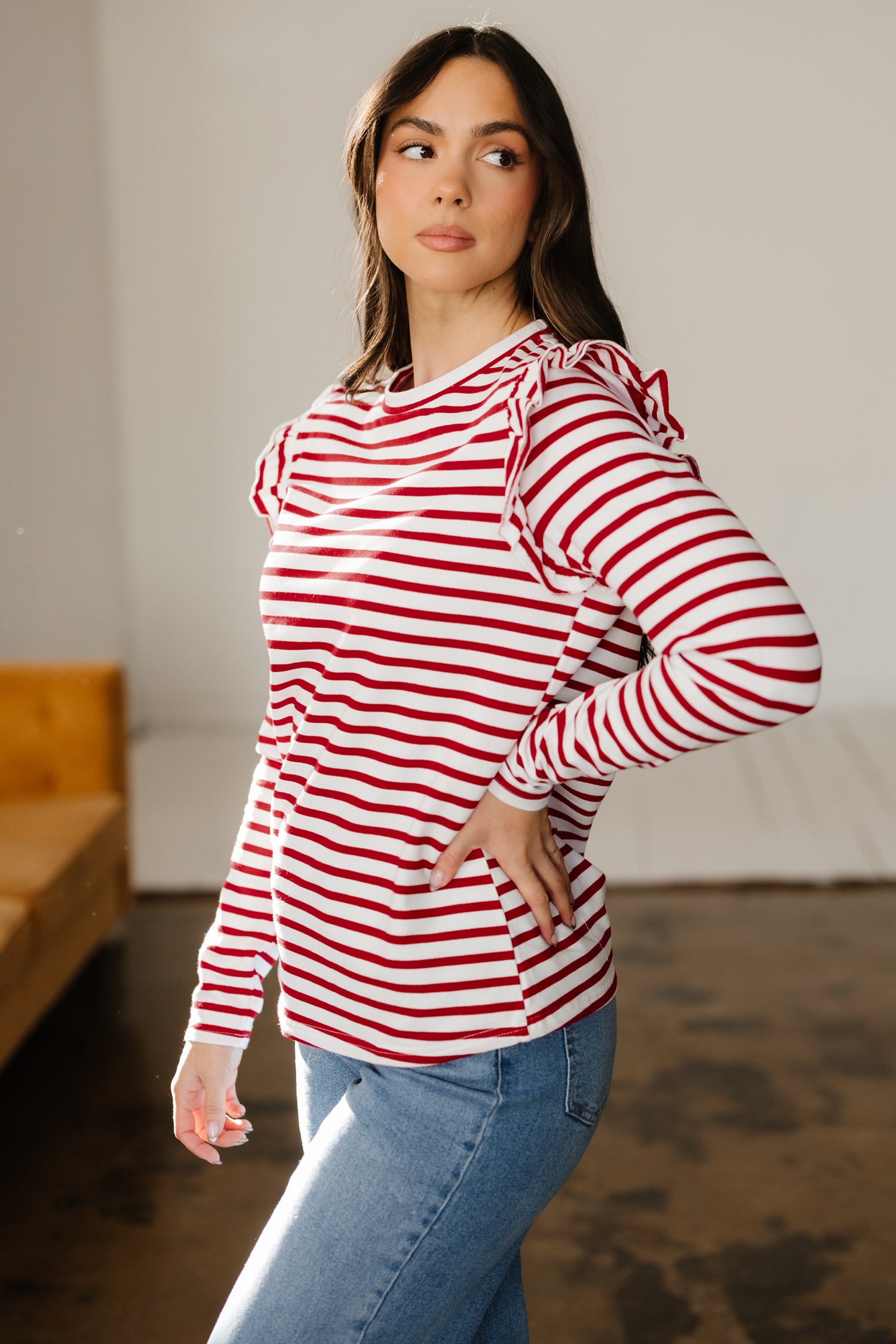 Red Stripe Round Neck Ruffle Trim Long Sleeve Top 🇺🇸