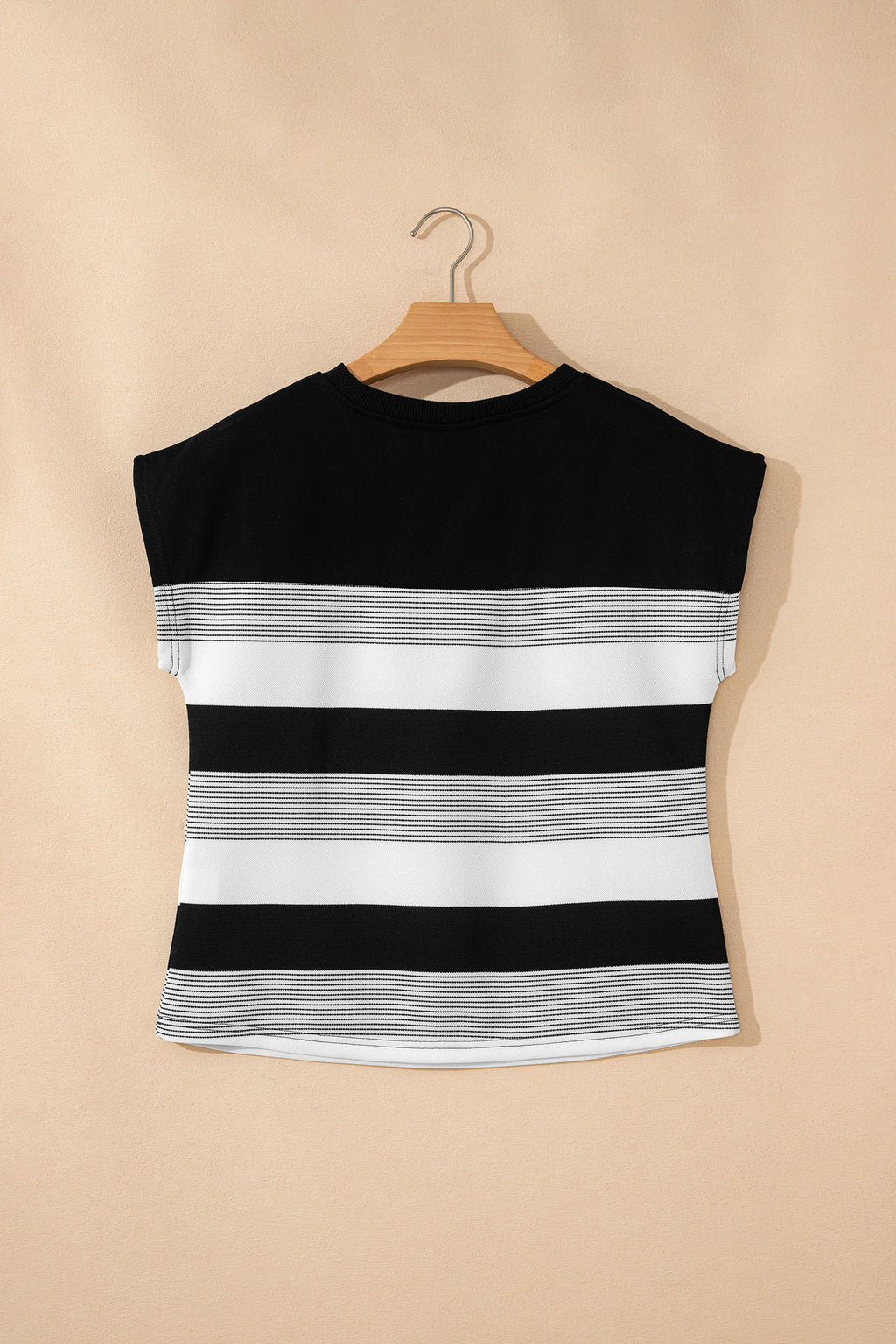 Black Stripe Mixed Print Crew Neck Cap Sleeve T Shirt 🇺🇸