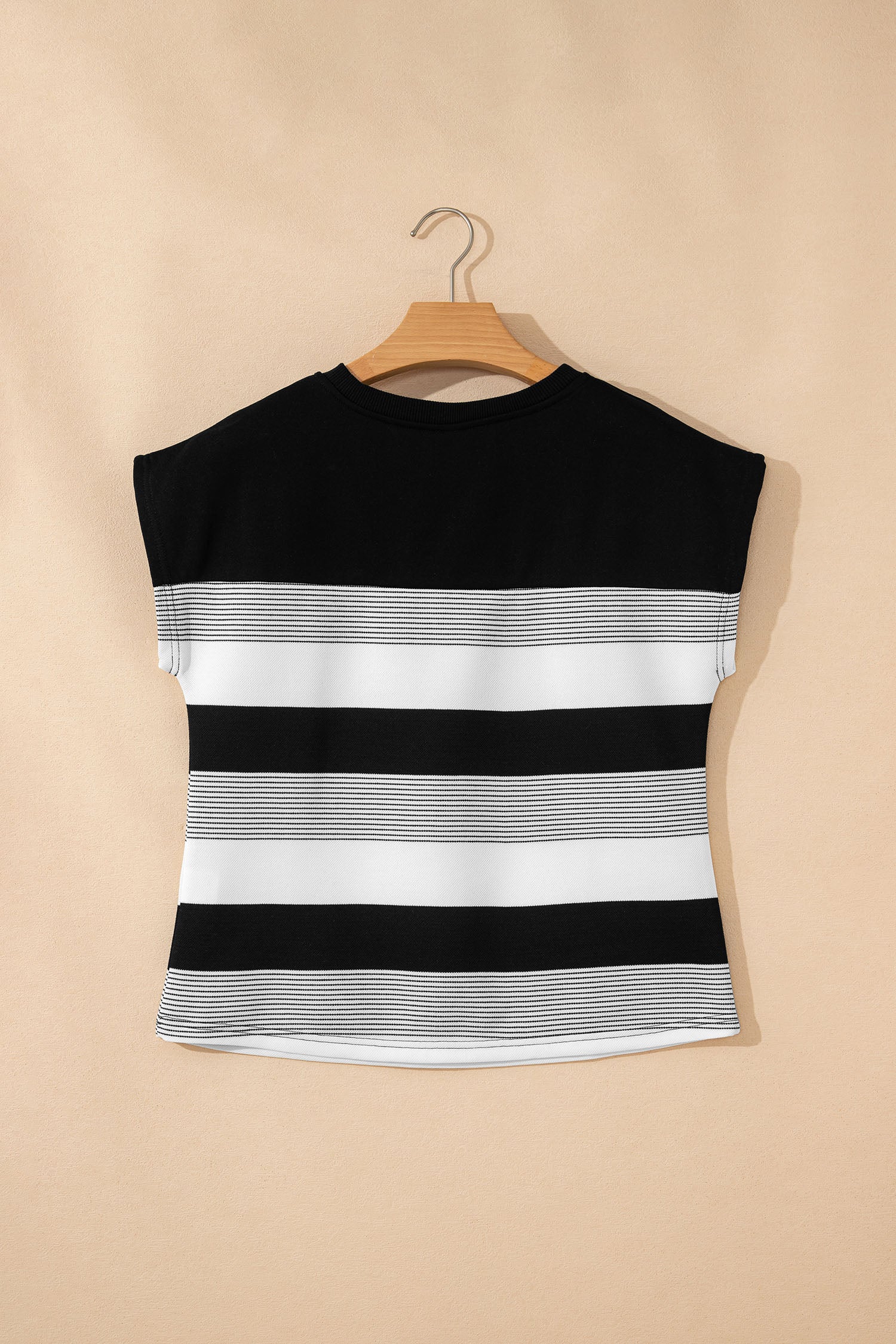 Black Stripe Mixed Print Crew Neck Cap Sleeve T Shirt 🇺🇸