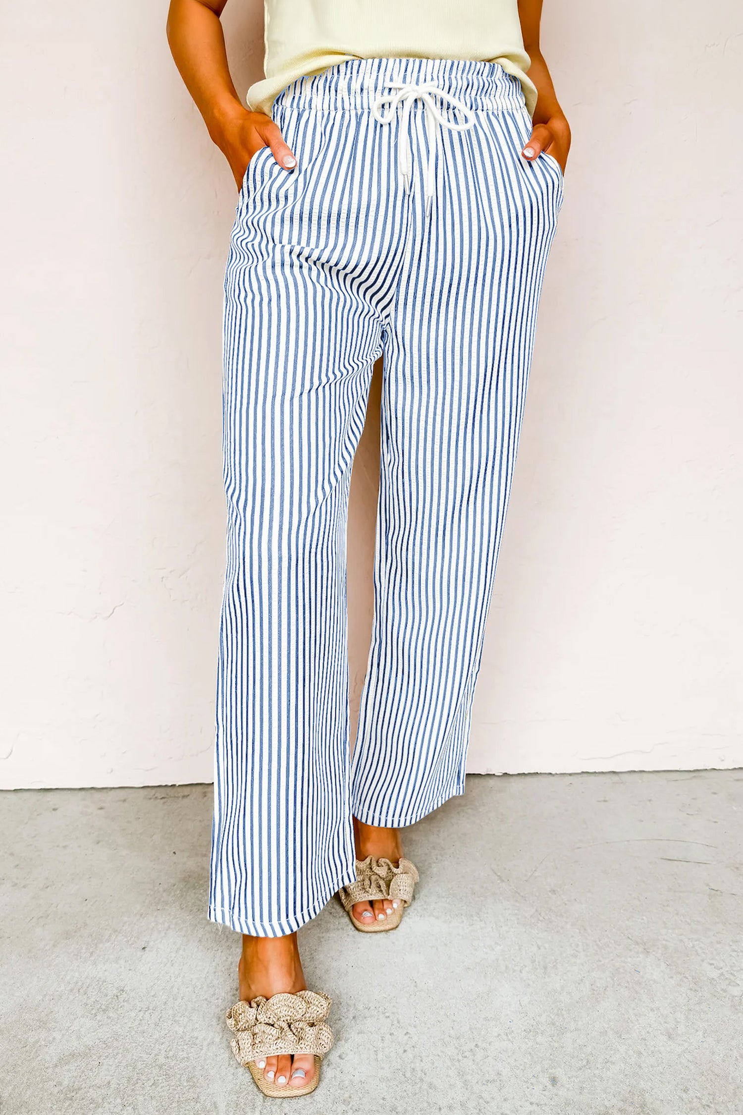 Blue Stripe Drawstring Elastic Waist Ankle Length Shift Pants