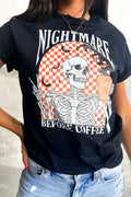 Black Nightmare Before Coffee Skull Checkerboard Graphic Halloween Tee 🇺🇲