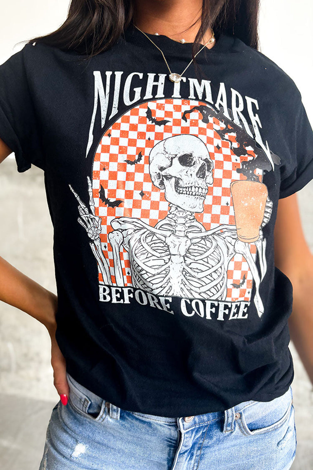 Black Nightmare Before Coffee Skull Checkerboard Graphic Halloween Tee 🇺🇲