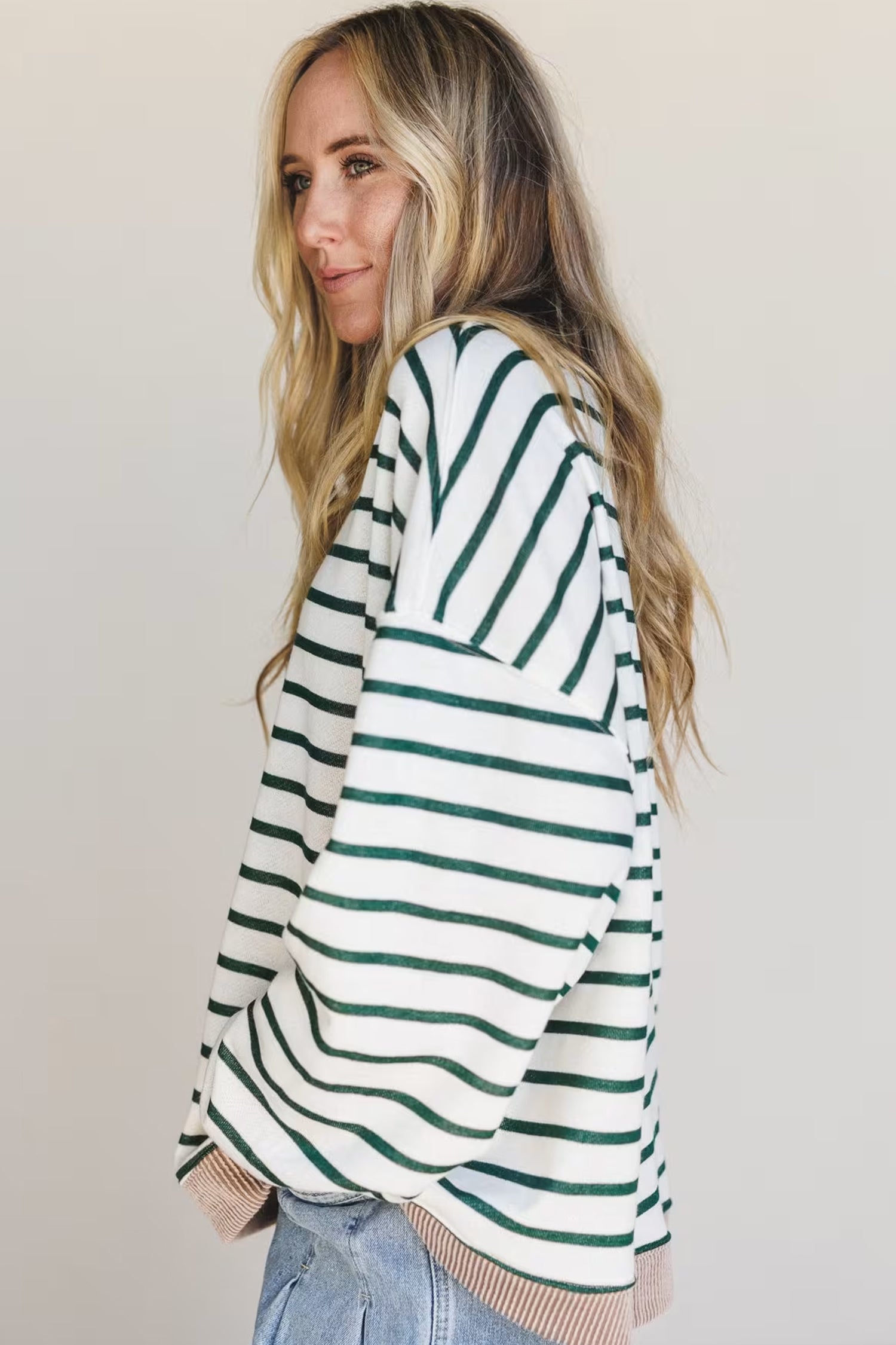 White Stripe Twisted Ribbed Patchwork Drop Shoulder Round Neck Sweatshirt 🇺🇸