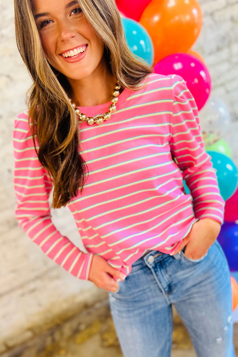 Rose Stripe Textured Knit Round Neck Long Sleeve Top 🇺🇸