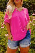 Bright Pink Seamed Back High Low Hem V Neck Cuffed Sleeve Plus Size Tee 🇺🇲