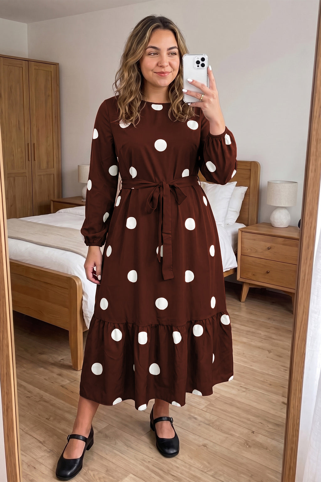 Brown Polka Dot Ruffled Hem Long Sleeve Tie Waist Plus Size Dress 🇺🇸