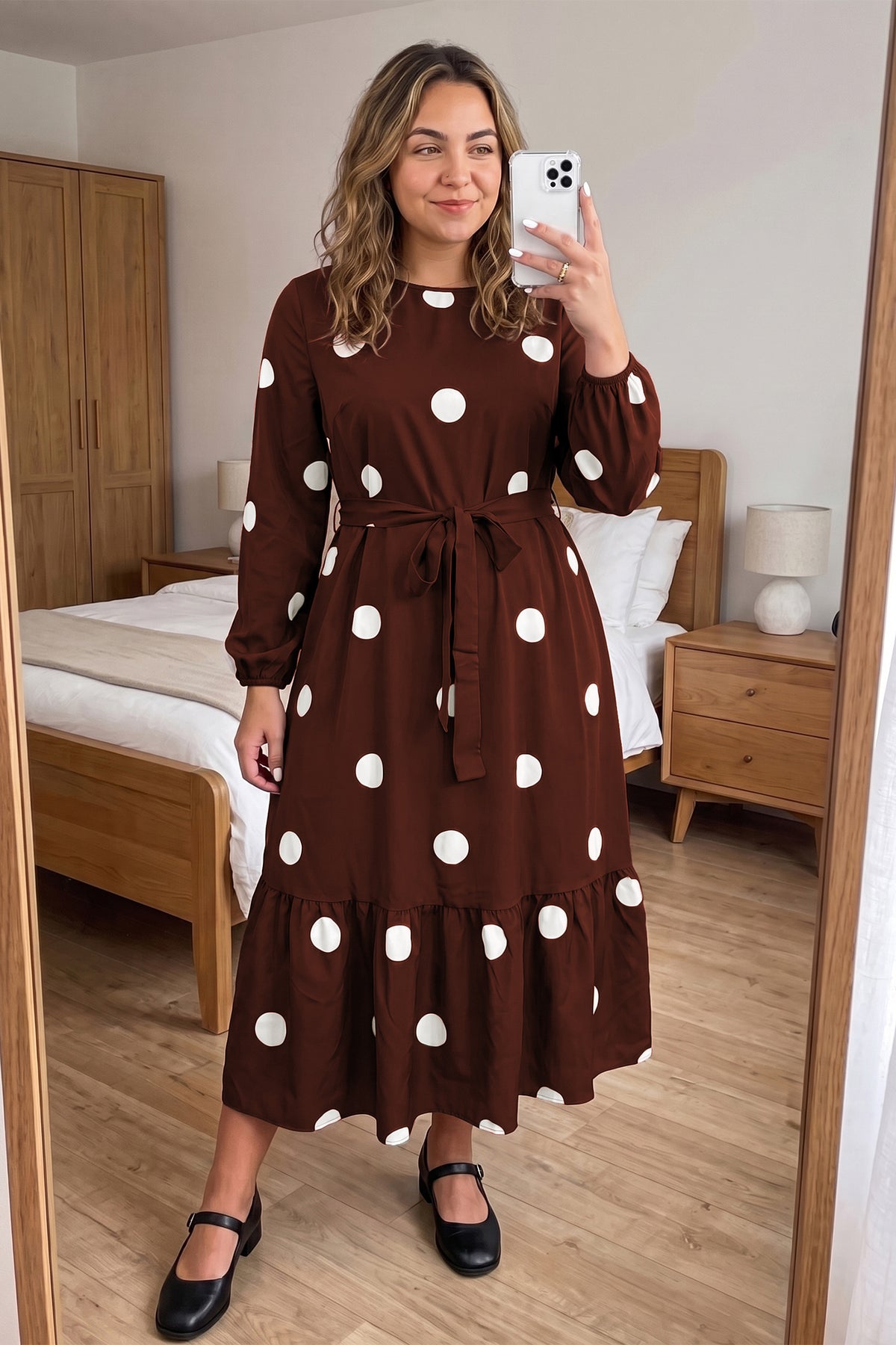 Brown Polka Dot Ruffled Hem Long Sleeve Tie Waist Plus Size Dress 🇺🇸