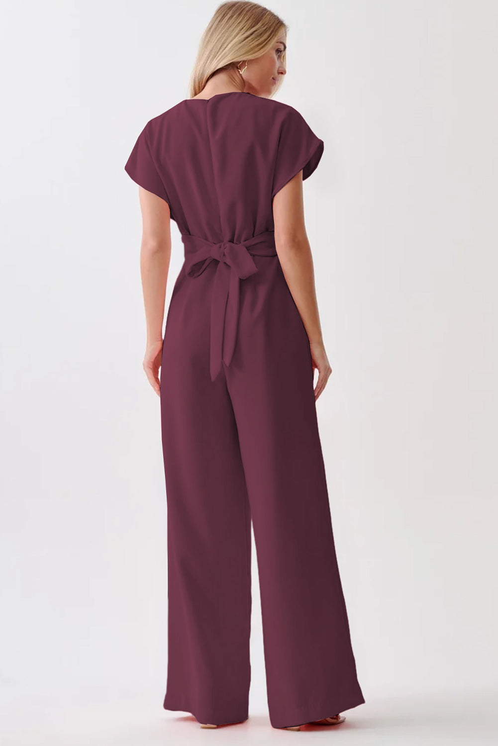 Burgundy Solid Color Cap Sleeve Knot Waist Shift Jumpsuit 🇺🇸