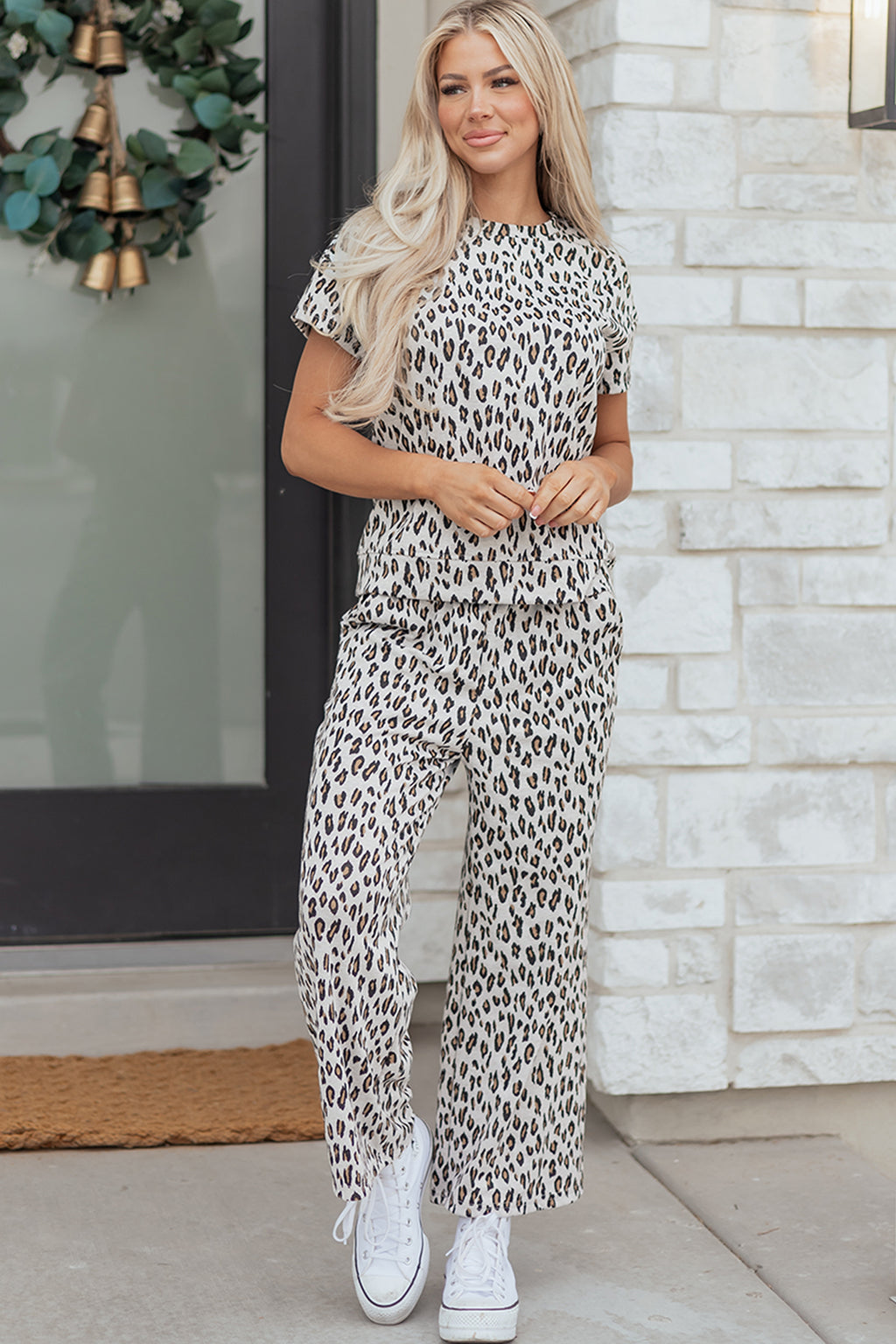 Beige Leopard Print Casual Tee and Pants 2pcs Outfit 🇺🇸