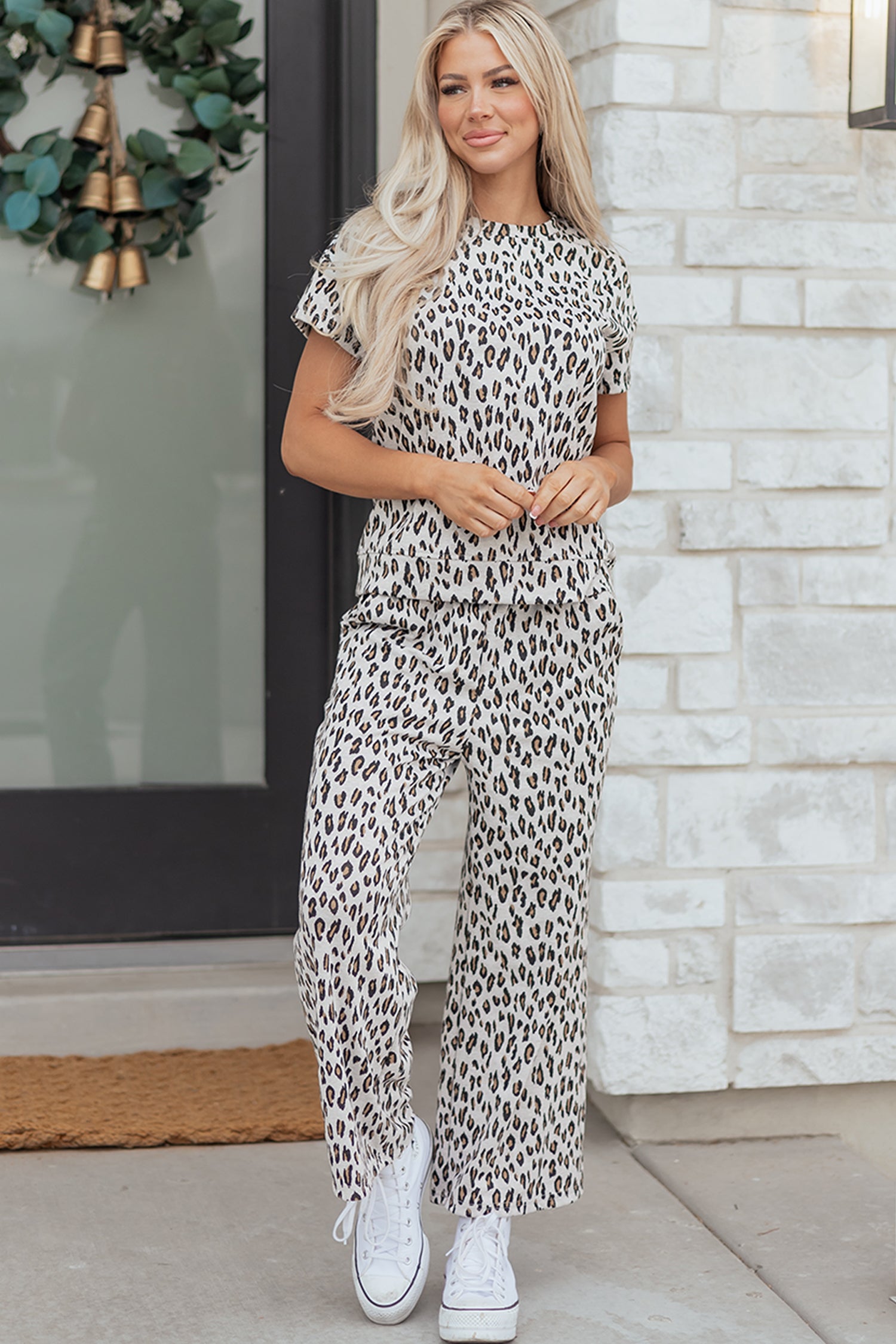 Beige Leopard Print Casual Tee and Pants 2pcs Outfit 🇺🇸