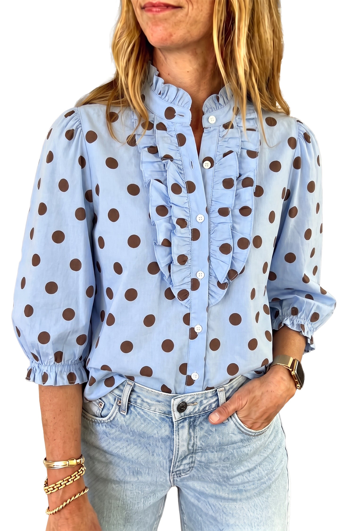 Fiery Red Polka Dot Striped Print Ruffle Stand Neck 3/4 Sleeve Shift Shirt