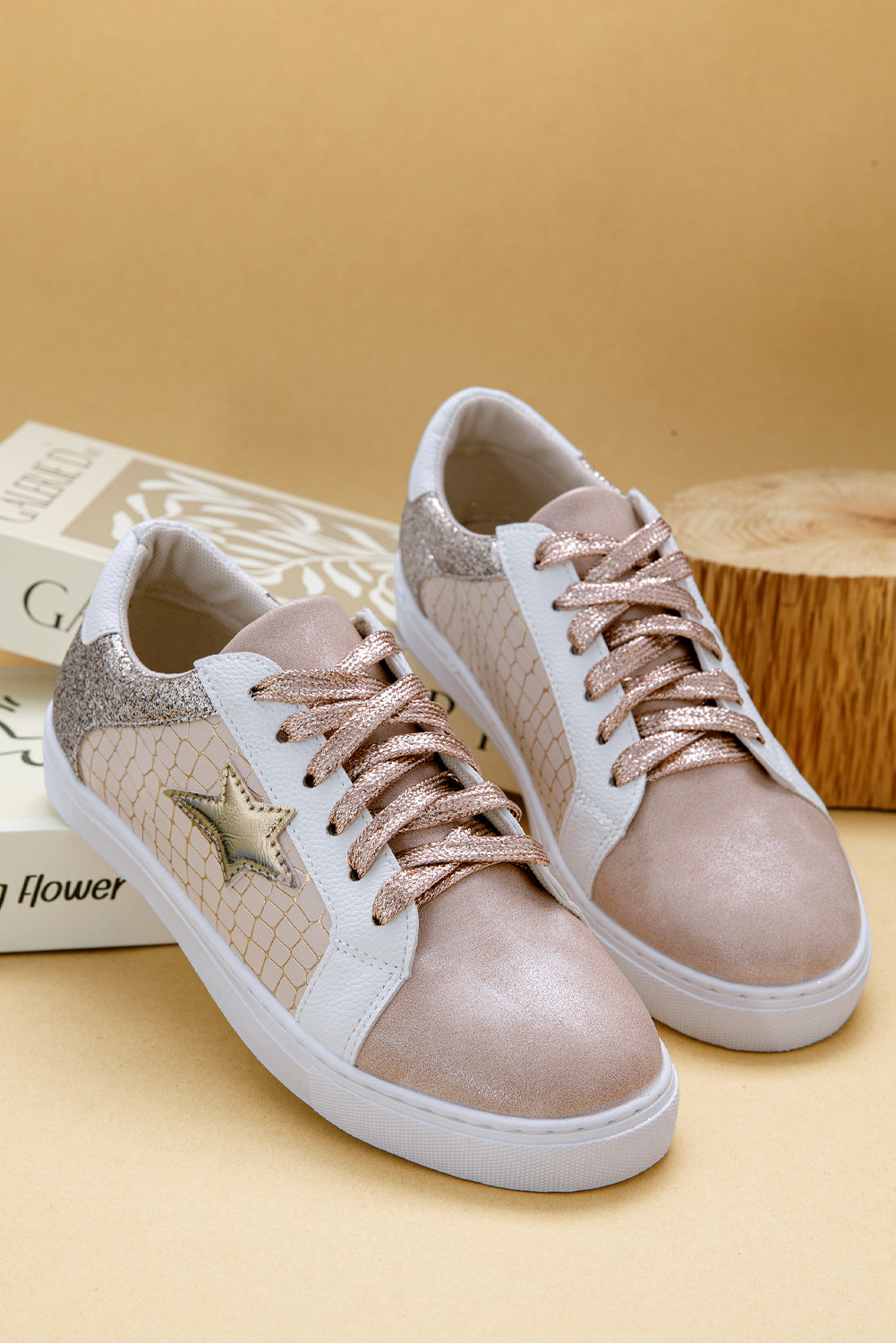 Gold Glitter Star Patchwork PU Leather Lace-up Sneakers 🇺🇸