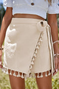 Apricot Tassel Trim Wrap Knot Side Bohemian Style Mini Skort 🇨🇳