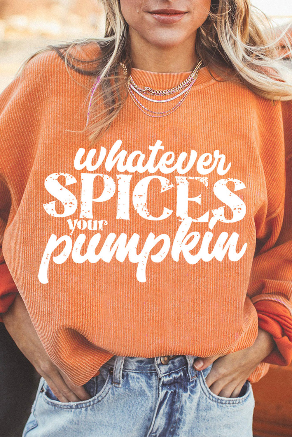 Orange Whatever Spices Your Pumpkin Graphic Corded Pullover Sweatshirt 🇺🇸