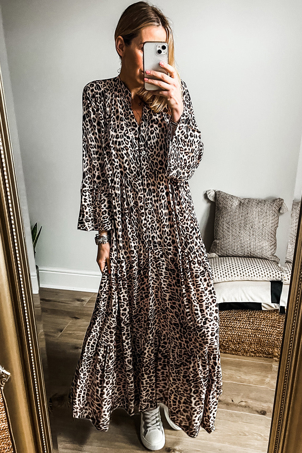 Apricot Leopard Print Tiered Wide Sleeve Maxi Dress 🇺🇸