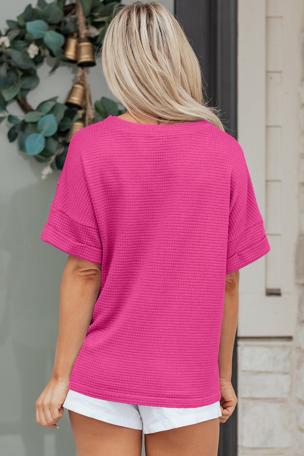 Strawberry Pink Waffle V Neck Short Sleeve Knit Top 🇺🇸