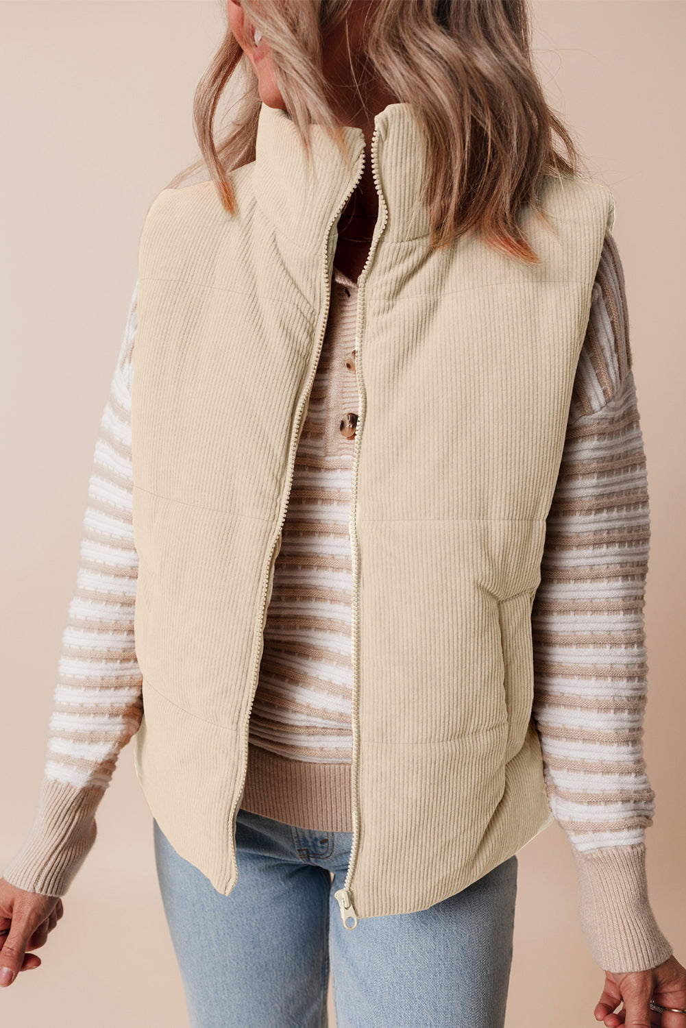 Beige Corduroy Stand Neck Zipped Puffer Vest 🇺🇸
