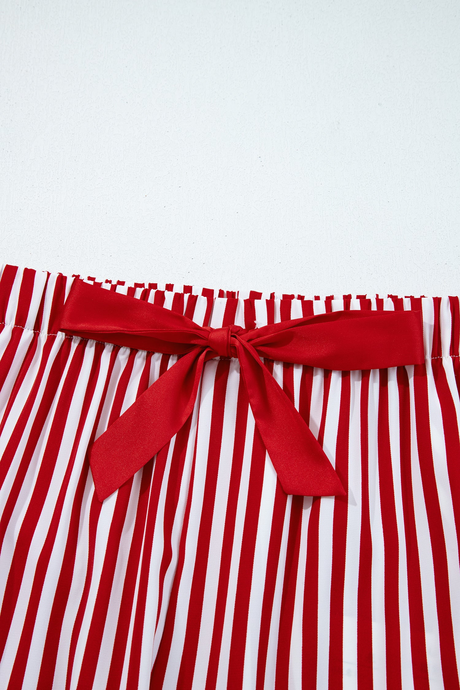 Red Stripe Contrast Velvet Trim Bow Knot Waist 2pcs Pajama Set 🇺🇸
