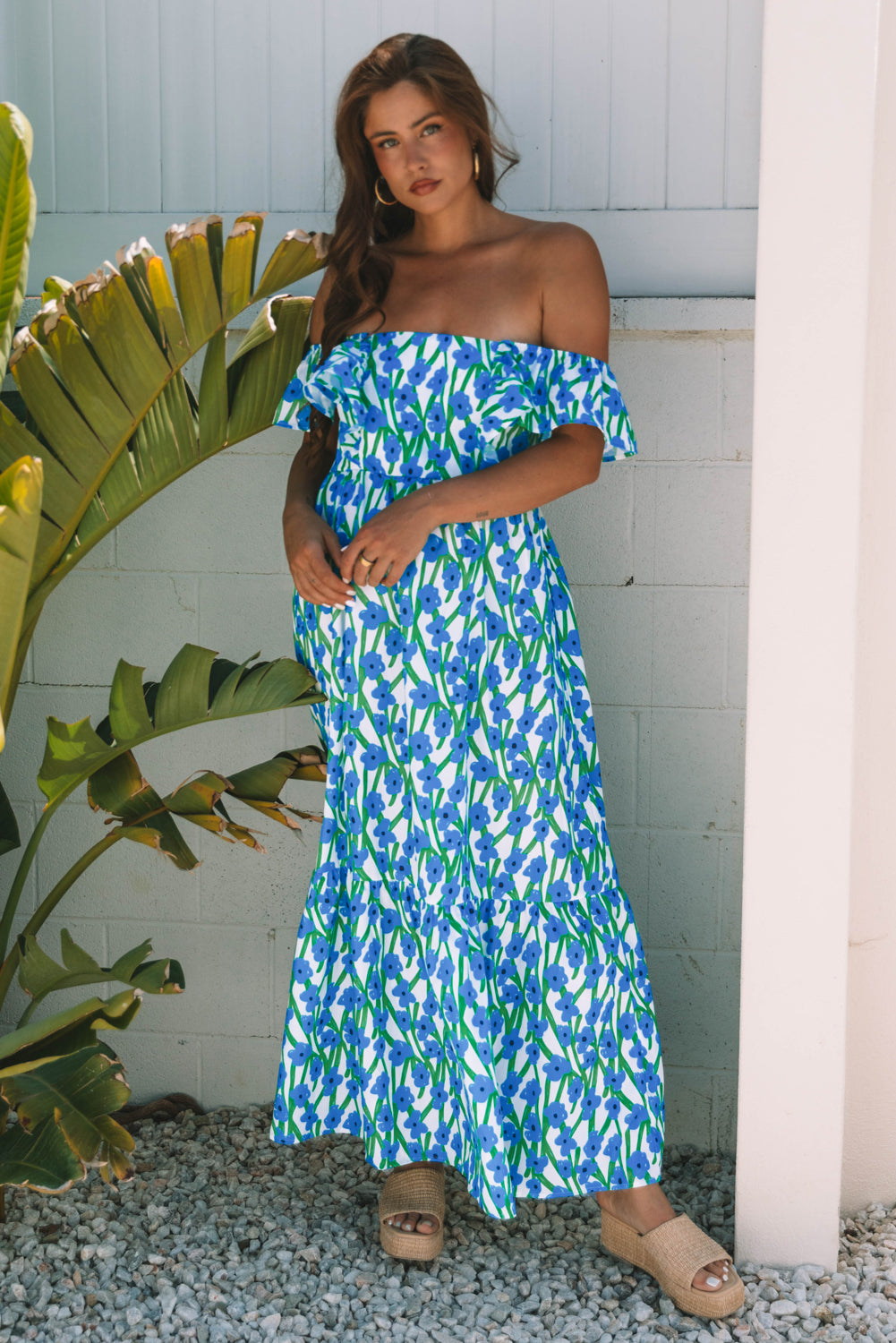 Blue Floral Print Square Neck Ruffled Strap Maxi Dress 🇨🇳