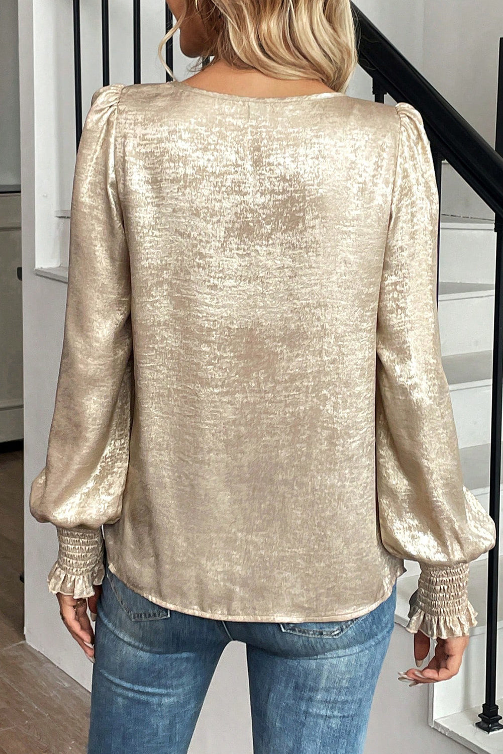 Apricot Metallic Round Neck Smocked Long Sleeve Blouse 🇺🇸