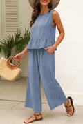 Beau Blue Solid Color Ribbed Ruffle Tank Top and Pants Set 🇨🇳