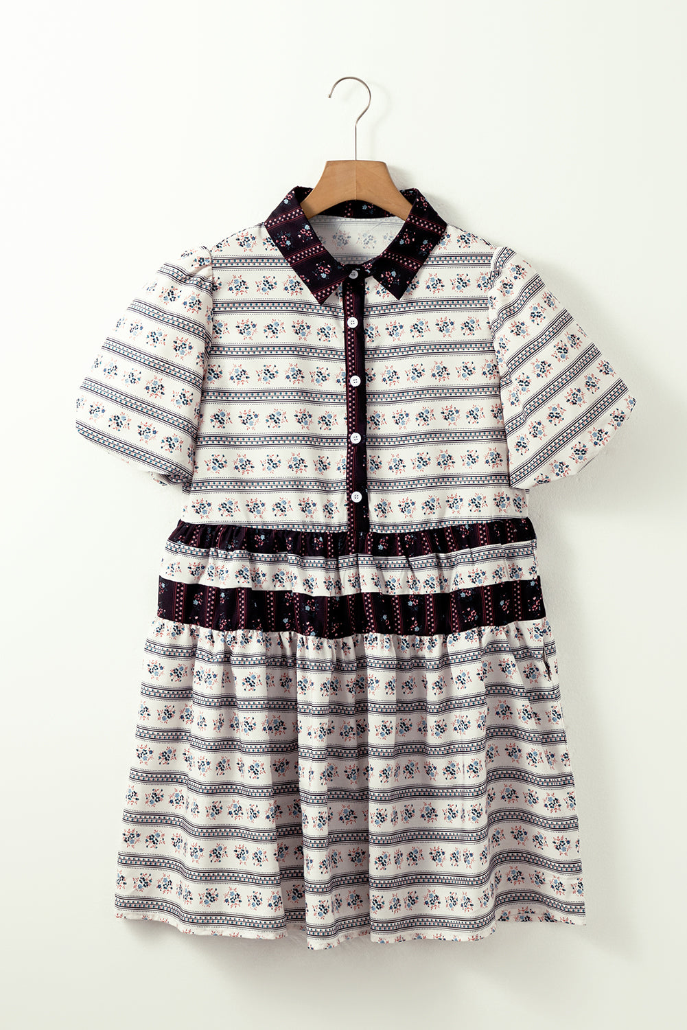 Black Boho Floral Striped Contrast Trim Bubble Sleeve Flared Dress 🇺🇸