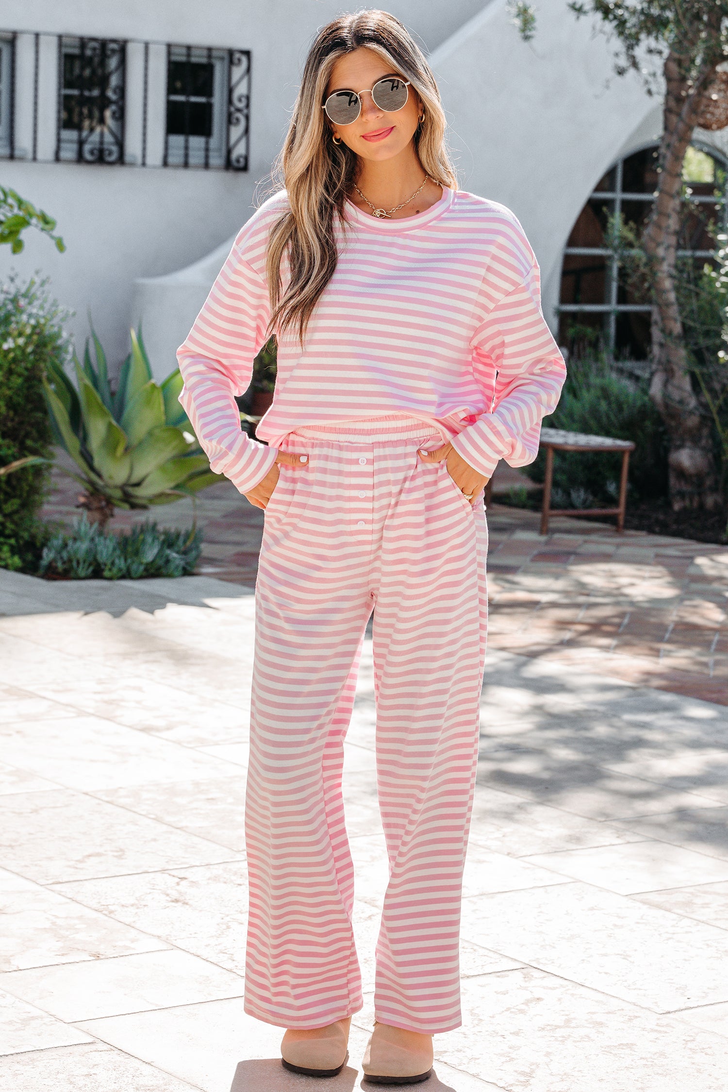 Pink Stripe Drop Shoulder Round Neck Top and Buttoned Straight Pants Two Piece Set 🇺🇸
