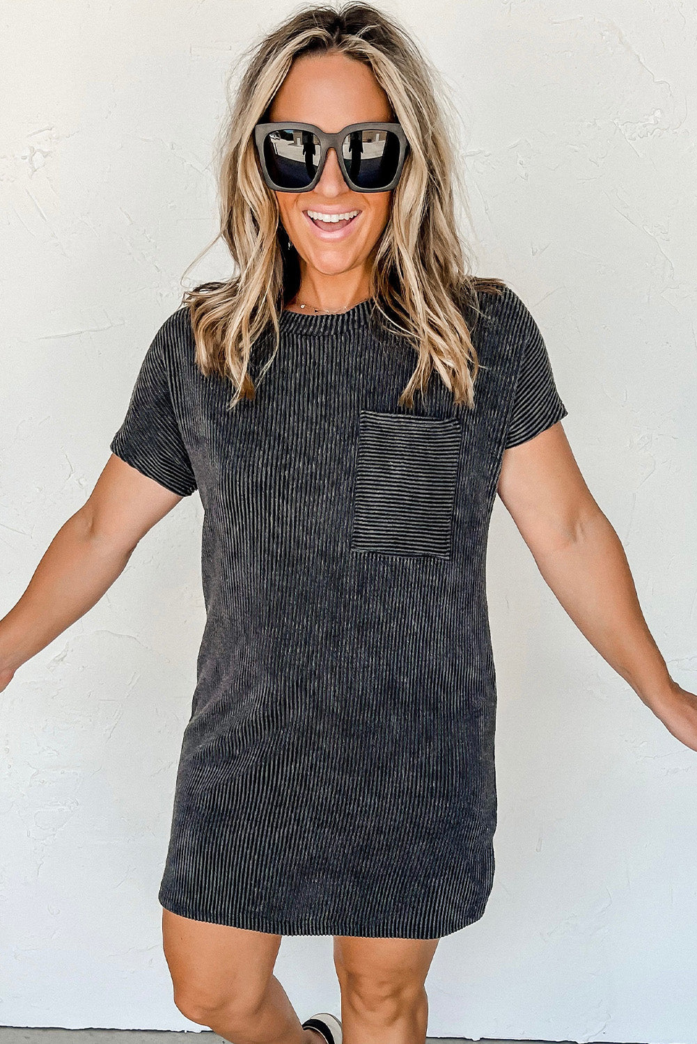 Gray Striped Ribbed Knit T-shirt Shift Dress 🇨🇳